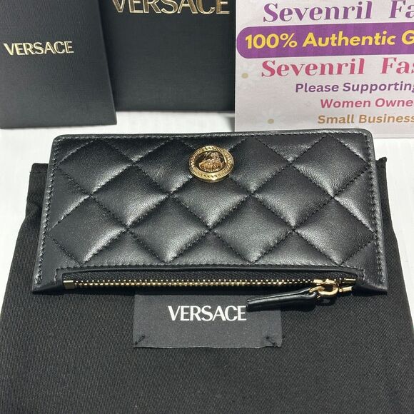 Versace Medusa Card Case Holder Wallet Black Quilted Leather Top Zip NIB - Picture 8 of 10